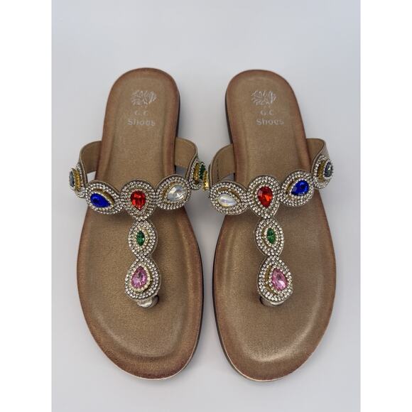 GC Shoes Shoes - NEW GC Shoe Gold Jeweled Rhinestone Crystal T-Strap Sandal Thong Slip-On 9.5